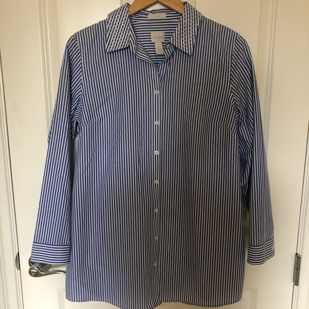 Women’s Big Shirt.  Blue and White Stripe.  Rhinestone Detail on Collar.